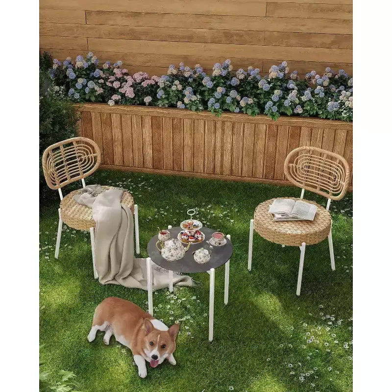 Ensemble de bistrot Acekool 3 pièces en osier – 2 chaises et une table en verre pour patio, balcon et petits espaces