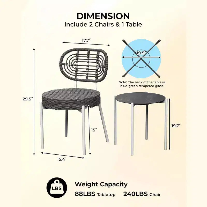 Ensemble de bistrot Acekool 3 pièces en osier – 2 chaises et une table en verre pour patio, balcon et petits espaces