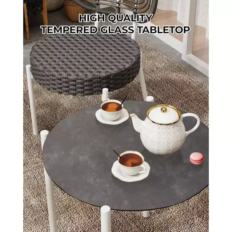 Ensemble de bistrot Acekool 3 pièces en osier – 2 chaises et une table en verre pour patio, balcon et petits espaces