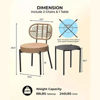 Ensemble de bistrot Acekool 3 pièces en osier – 2 chaises et une table en verre pour patio, balcon et petits espaces