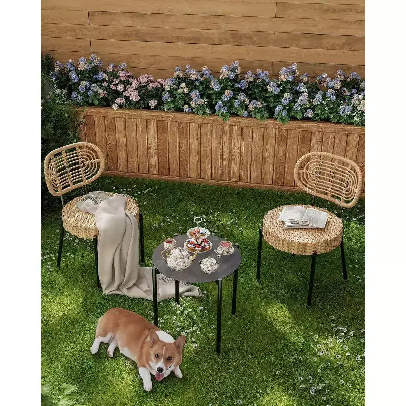 Ensemble de bistrot Acekool 3 pièces en osier – 2 chaises et une table en verre pour patio, balcon et petits espaces