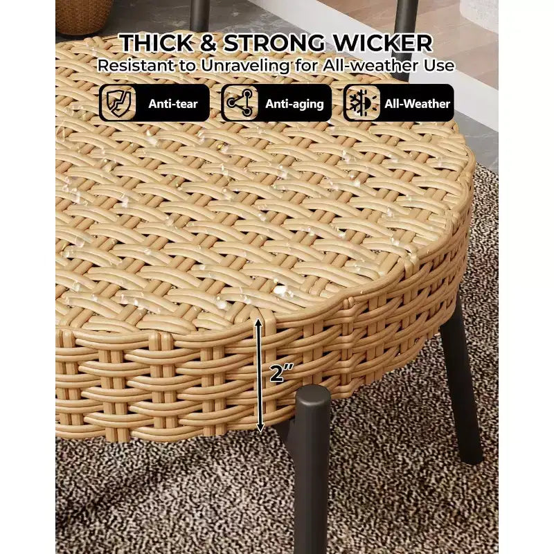 Ensemble de bistrot Acekool 3 pièces en osier – 2 chaises et une table en verre pour patio, balcon et petits espaces