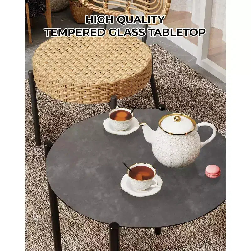 Ensemble de bistrot Acekool 3 pièces en osier – 2 chaises et une table en verre pour patio, balcon et petits espaces