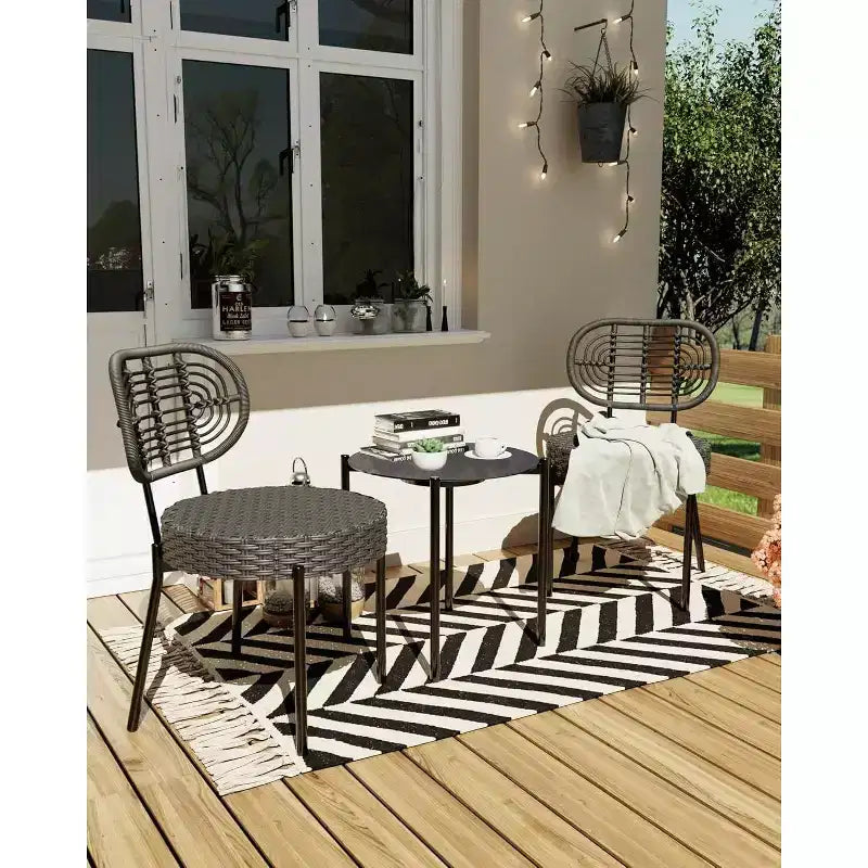 Ensemble de bistrot Acekool 3 pièces en osier – 2 chaises et une table en verre pour patio, balcon et petits espaces