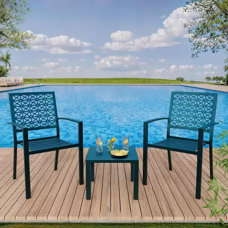 Ensemble bistro de patio 3 pièces, ensemble de mobilier au design moderne à dossier sculpté, chaises de porche en métal avec table à thé pour balcon, jardin ou patio avant