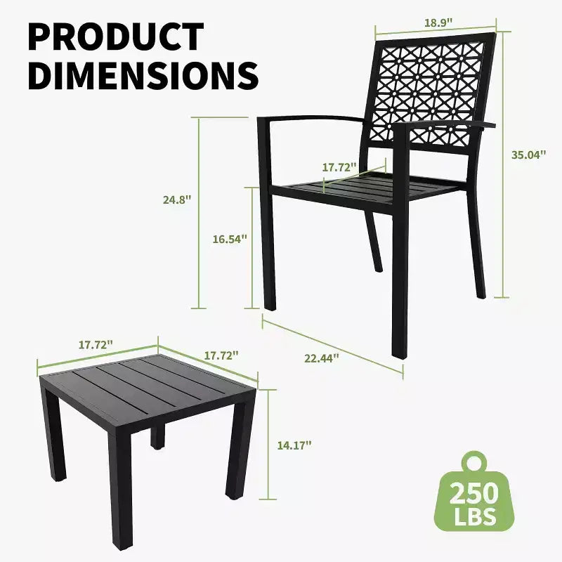 Ensemble bistro de patio 3 pièces, ensemble de mobilier au design moderne à dossier sculpté, chaises de porche en métal avec table à thé pour balcon, jardin ou patio avant