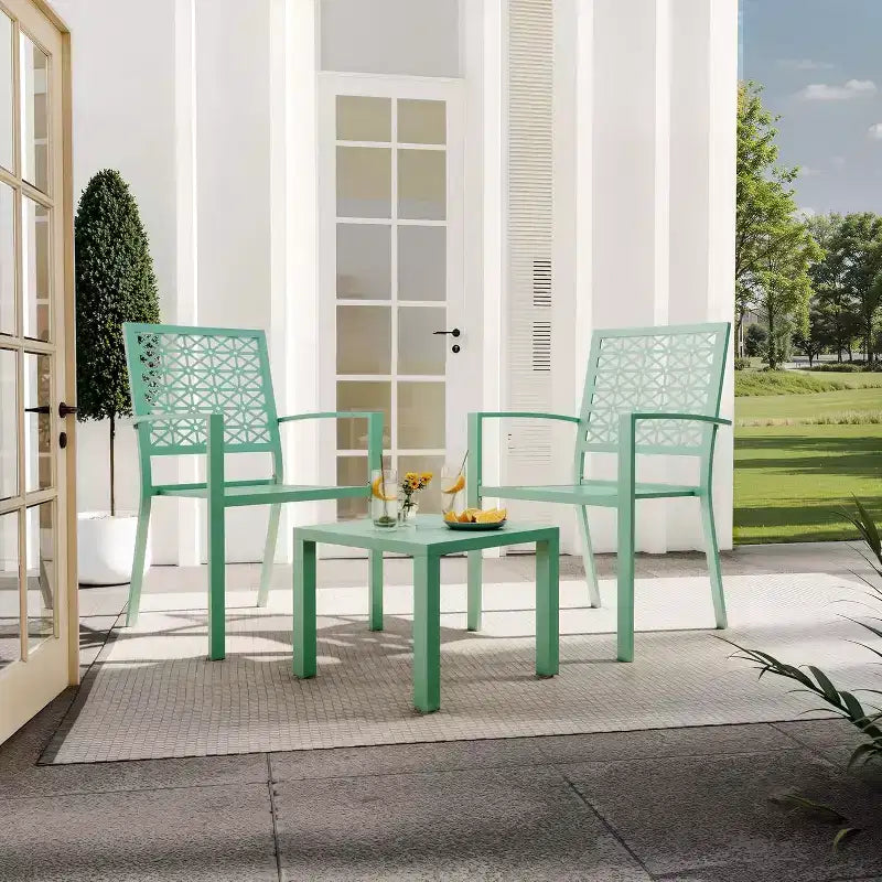 Ensemble bistro de patio 3 pièces, ensemble de mobilier au design moderne à dossier sculpté, chaises de porche en métal avec table à thé pour balcon, jardin ou patio avant