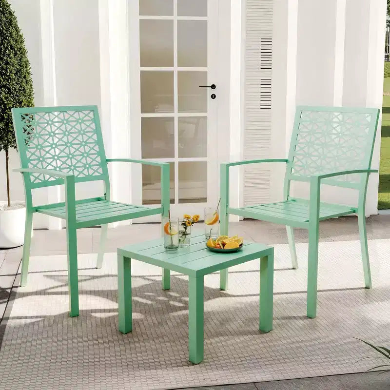 Ensemble bistro de patio 3 pièces, ensemble de mobilier au design moderne à dossier sculpté, chaises de porche en métal avec table à thé pour balcon, jardin ou patio avant