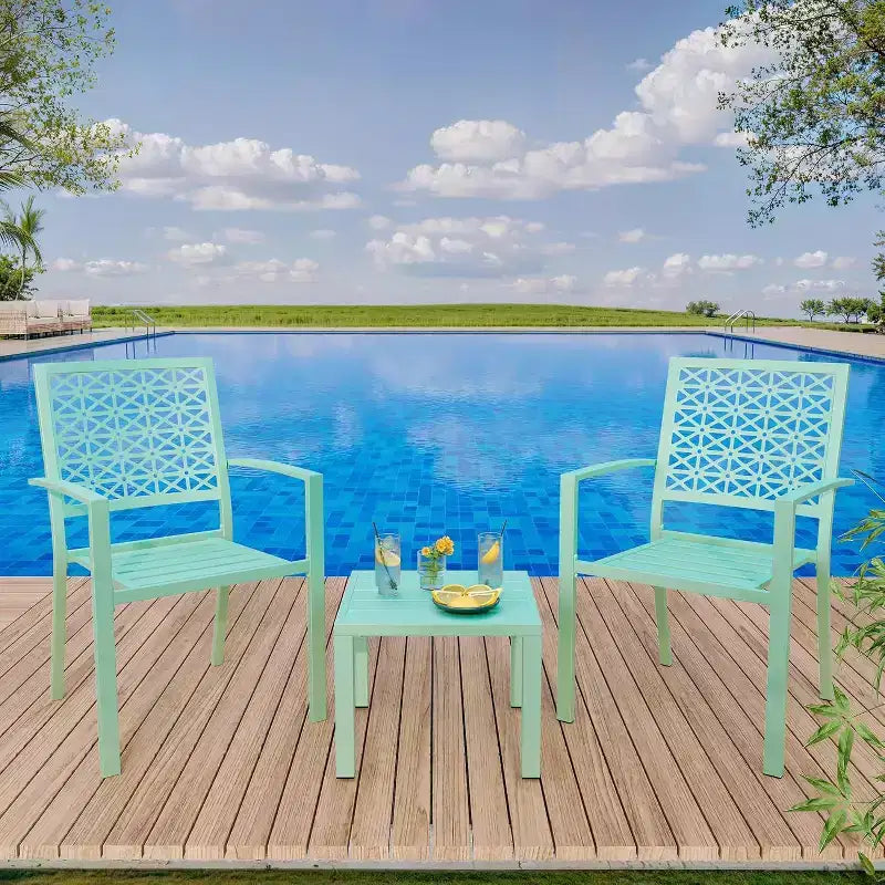 Ensemble bistro de patio 3 pièces, ensemble de mobilier au design moderne à dossier sculpté, chaises de porche en métal avec table à thé pour balcon, jardin ou patio avant
