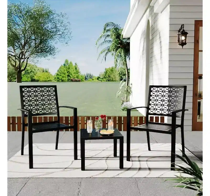 Ensemble bistro de patio 3 pièces, ensemble de mobilier au design moderne à dossier sculpté, chaises de porche en métal avec table à thé pour balcon, jardin ou patio avant
