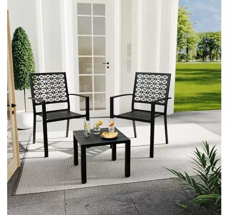 Ensemble bistro de patio 3 pièces, ensemble de mobilier au design moderne à dossier sculpté, chaises de porche en métal avec table à thé pour balcon, jardin ou patio avant