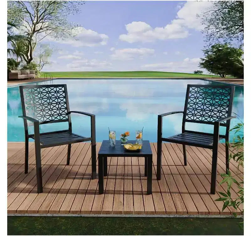 Ensemble bistro de patio 3 pièces, ensemble de mobilier au design moderne à dossier sculpté, chaises de porche en métal avec table à thé pour balcon, jardin ou patio avant