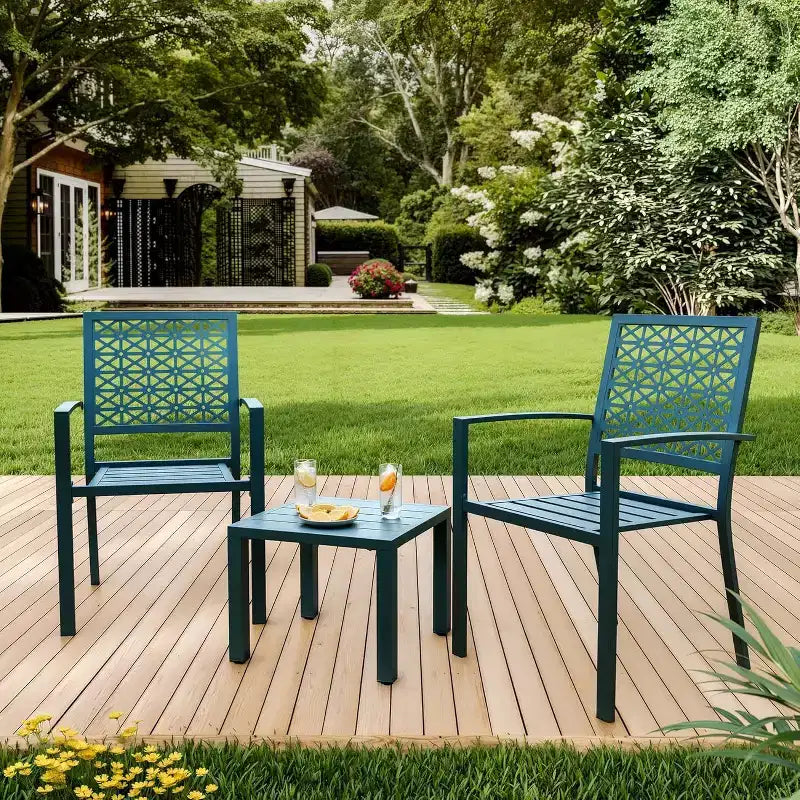 Ensemble bistro de patio 3 pièces, ensemble de mobilier au design moderne à dossier sculpté, chaises de porche en métal avec table à thé pour balcon, jardin ou patio avant