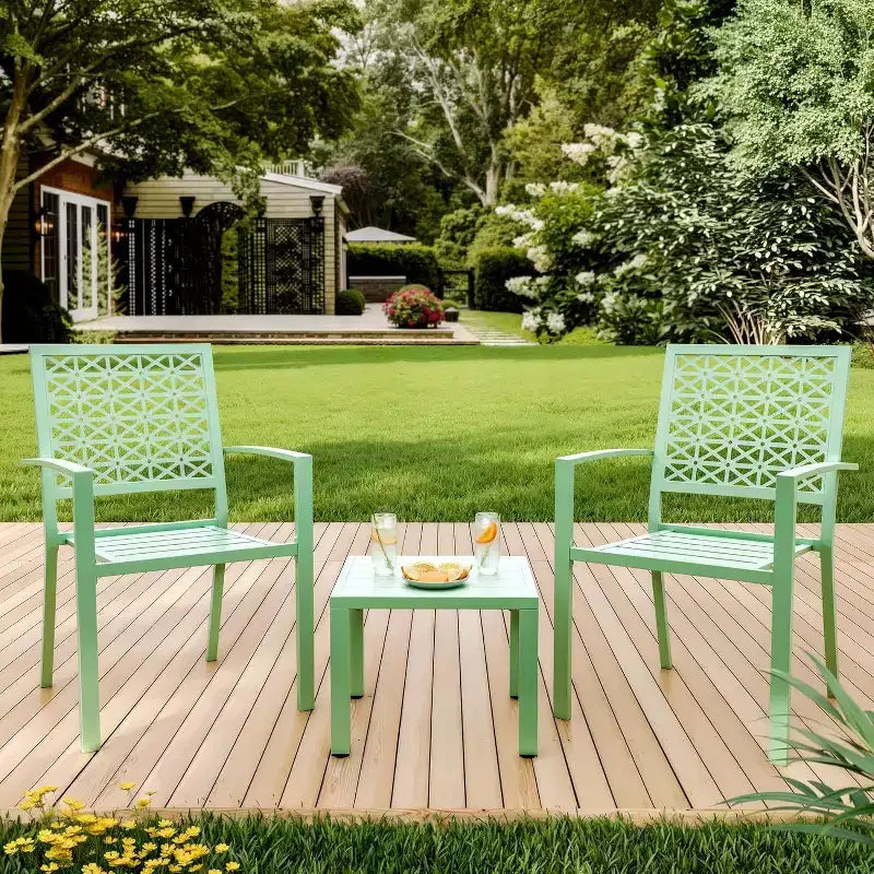Ensemble bistro de patio 3 pièces, ensemble de mobilier au design moderne à dossier sculpté, chaises de porche en métal avec table à thé pour balcon, jardin ou patio avant