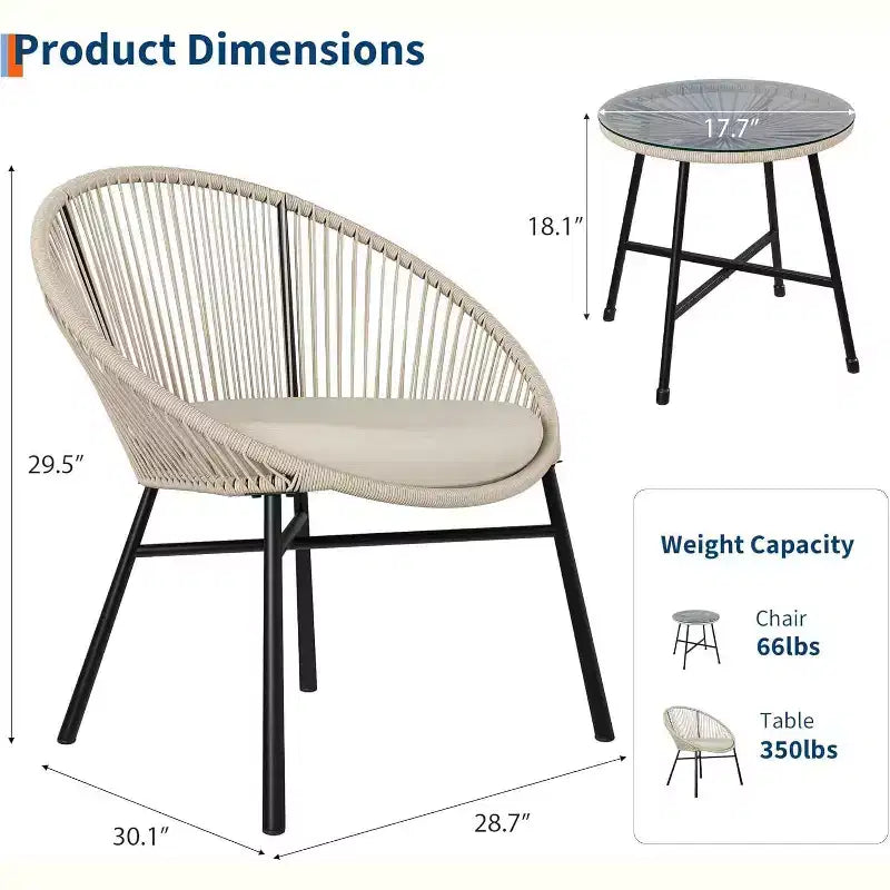 Acekool Ensemble bistro de patio Acapulco 3 pièces d'extérieur, fauteuils avec coussins & table à plateau en verre, fauteuils bleus toutes saisons pour balcon, piscine, jardin, cour