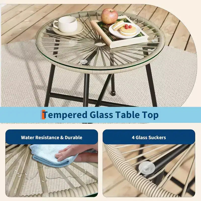 Acekool Ensemble bistro de patio Acapulco 3 pièces d'extérieur, fauteuils avec coussins & table à plateau en verre, fauteuils bleus toutes saisons pour balcon, piscine, jardin, cour