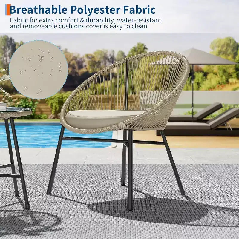 Acekool Ensemble bistro de patio Acapulco 3 pièces d'extérieur, fauteuils avec coussins & table à plateau en verre, fauteuils bleus toutes saisons pour balcon, piscine, jardin, cour