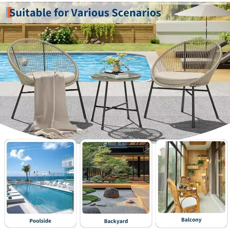 Acekool Ensemble bistrot de patio Acapulco 3 pièces, chaises rembourrées et table à plateau en verre, chaises bleues toutes saisons pour balcon, piscine, jardin, cour arrière