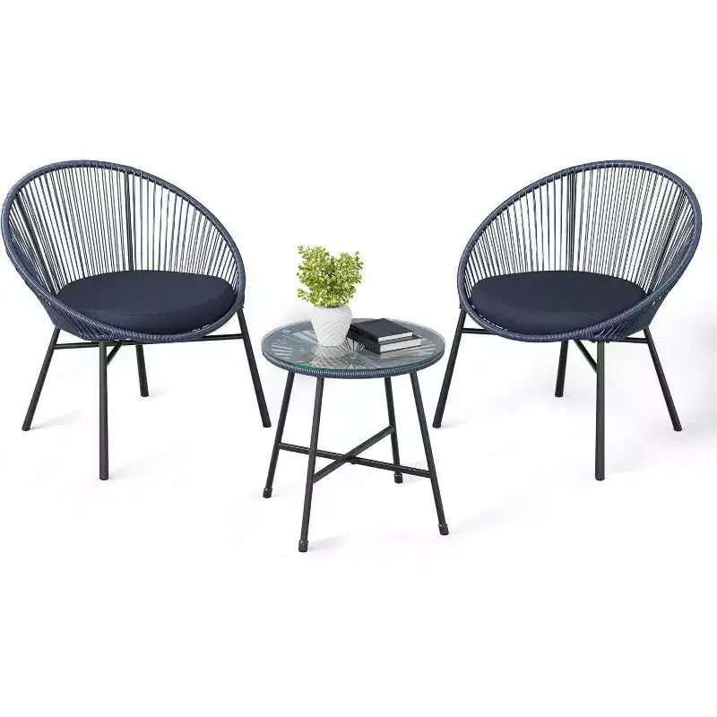 Acekool Ensemble bistro de patio Acapulco 3 pièces d'extérieur, fauteuils avec coussins & table à plateau en verre, fauteuils bleus toutes saisons pour balcon, piscine, jardin, cour