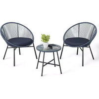 Acekool Ensemble bistro de patio Acapulco 3 pièces d'extérieur, fauteuils avec coussins & table à plateau en verre, fauteuils bleus toutes saisons pour balcon, piscine, jardin, cour