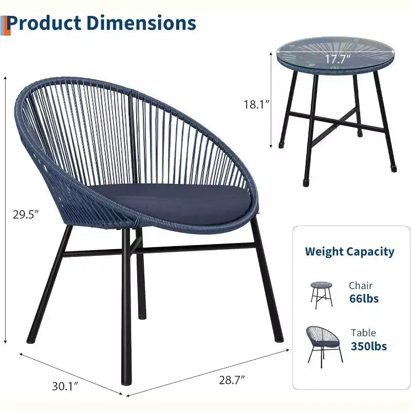 Acekool Ensemble bistrot de patio Acapulco 3 pièces, chaises rembourrées et table à plateau en verre, chaises bleues toutes saisons pour balcon, piscine, jardin, cour arrière