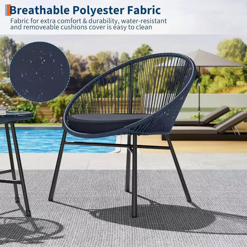 Acekool Ensemble bistro de patio Acapulco 3 pièces d'extérieur, fauteuils avec coussins & table à plateau en verre, fauteuils bleus toutes saisons pour balcon, piscine, jardin, cour