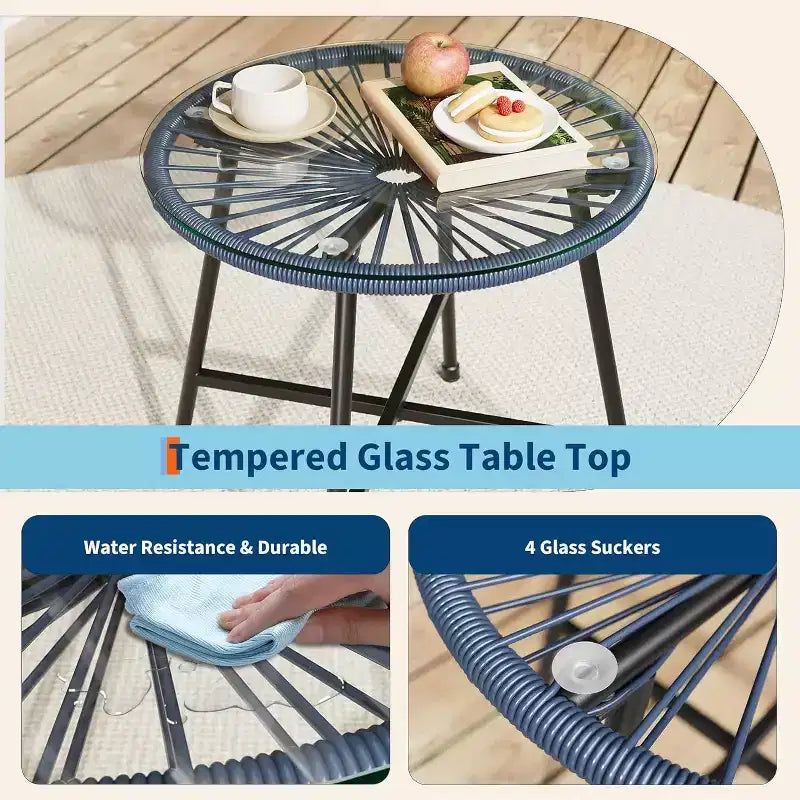 Acekool Ensemble bistro de patio Acapulco 3 pièces d'extérieur, fauteuils avec coussins & table à plateau en verre, fauteuils bleus toutes saisons pour balcon, piscine, jardin, cour