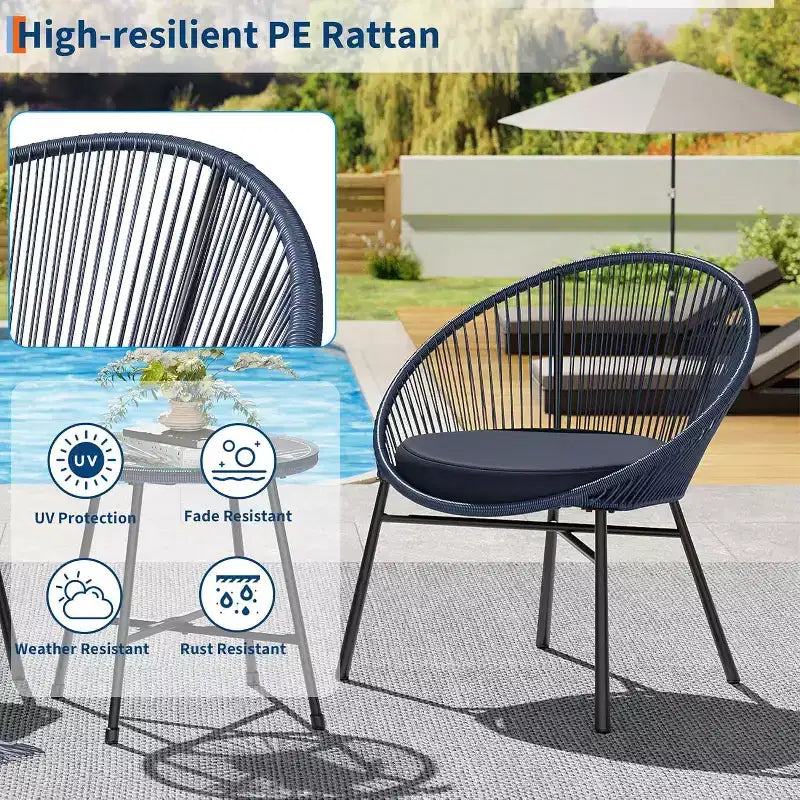 Acekool Ensemble bistrot de patio Acapulco 3 pièces, chaises rembourrées et table à plateau en verre, chaises bleues toutes saisons pour balcon, piscine, jardin, cour arrière