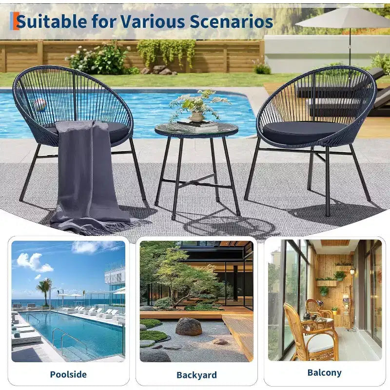 Acekool Ensemble bistro de patio Acapulco 3 pièces d'extérieur, fauteuils avec coussins & table à plateau en verre, fauteuils bleus toutes saisons pour balcon, piscine, jardin, cour