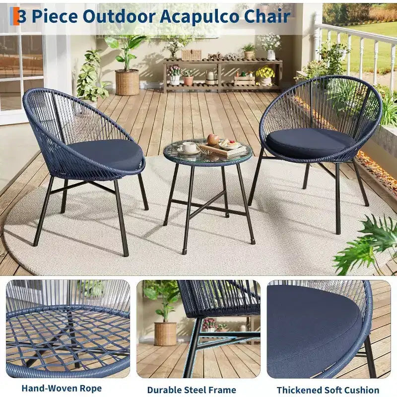 Acekool 3-Piece Outdoor Acapulco Patio Bistro Set,Cushioned Chairs & Glass Top Table, All-Weather Blue Chairs for Balcony, Pool, Garden, Backyard