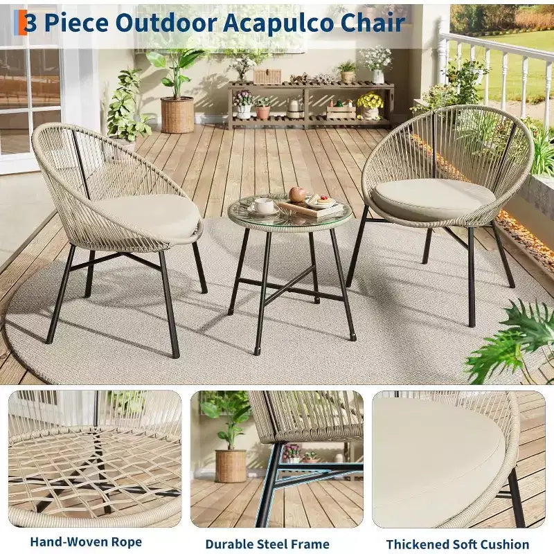 Acekool Ensemble bistrot de patio Acapulco 3 pièces, chaises rembourrées et table à plateau en verre, chaises bleues toutes saisons pour balcon, piscine, jardin, cour arrière