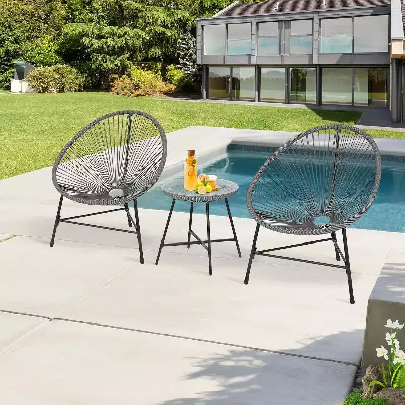 Acekool Ensemble de bistro de patio Acapulco 3 pièces avec table en verre et 2 chaises en osier, sièges d'extérieur toutes saisons pour balcon et jardin, gris