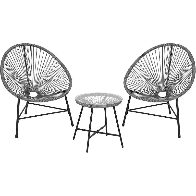 Acekool Ensemble de bistro de patio Acapulco 3 pièces avec table en verre et 2 chaises en osier, sièges d'extérieur toutes saisons pour balcon et jardin, gris