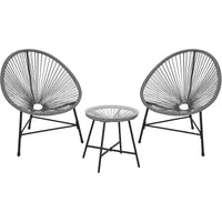 Acekool Ensemble de bistro de patio Acapulco 3 pièces avec table en verre et 2 chaises en osier, sièges d'extérieur toutes saisons pour balcon et jardin, gris