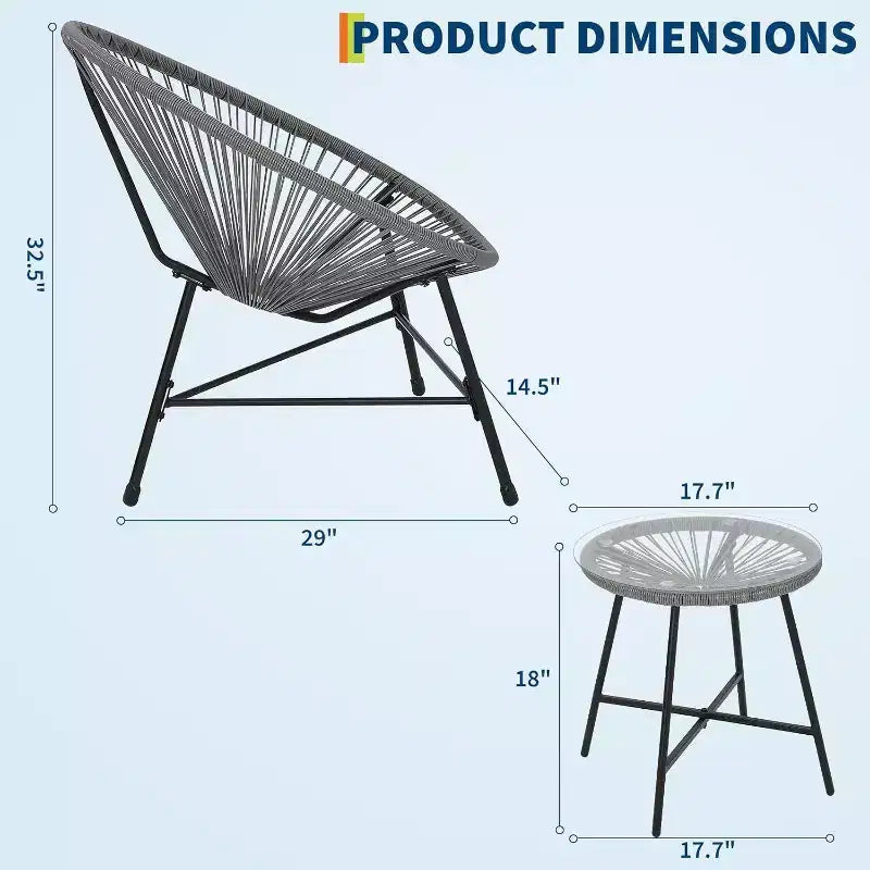 Acekool Ensemble de bistro de patio Acapulco 3 pièces avec table en verre et 2 chaises en osier, sièges d'extérieur toutes saisons pour balcon et jardin, gris
