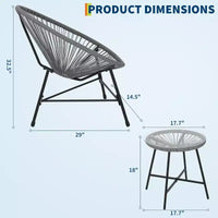 Acekool Ensemble de bistro de patio Acapulco 3 pièces avec table en verre et 2 chaises en osier, sièges d'extérieur toutes saisons pour balcon et jardin, gris