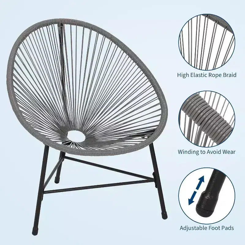 Acekool Ensemble de bistro de patio Acapulco 3 pièces avec table en verre et 2 chaises en osier, sièges d'extérieur toutes saisons pour balcon et jardin, gris
