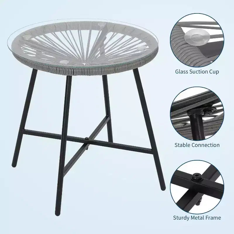 Acekool Ensemble de bistro de patio Acapulco 3 pièces avec table en verre et 2 chaises en osier, sièges d'extérieur toutes saisons pour balcon et jardin, gris