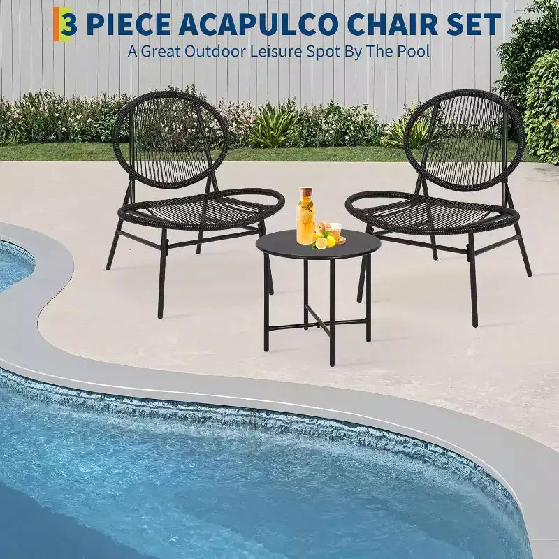 Ensemble bistro Acekool 3 pièces pour terrasse extérieure, chaises et table d'appoint en acier thermolaqué, mobilier noir résistant aux intempéries pour jardin, balcon, arrière-cour