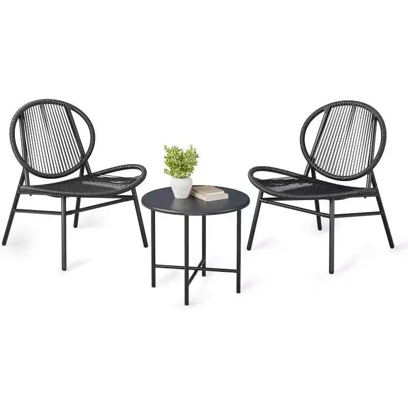 Ensemble bistro Acekool 3 pièces pour terrasse extérieure, chaises et table d'appoint en acier thermolaqué, mobilier noir résistant aux intempéries pour jardin, balcon, arrière-cour
