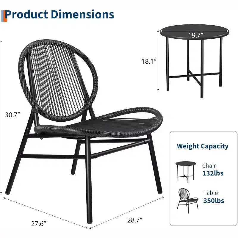Ensemble bistro Acekool 3 pièces pour terrasse extérieure, chaises et table d'appoint en acier thermolaqué, mobilier noir résistant aux intempéries pour jardin, balcon, arrière-cour