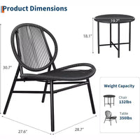Ensemble bistro Acekool 3 pièces pour terrasse extérieure, chaises et table d'appoint en acier thermolaqué, mobilier noir résistant aux intempéries pour jardin, balcon, arrière-cour