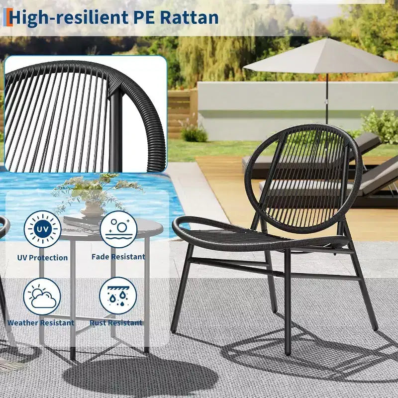 Ensemble bistro Acekool 3 pièces pour terrasse extérieure, chaises et table d'appoint en acier thermolaqué, mobilier noir résistant aux intempéries pour jardin, balcon, arrière-cour