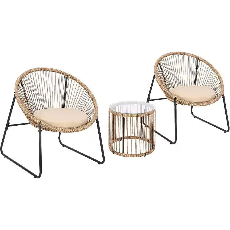 Acekool Ensemble de sièges d'extérieur Acapulco 3 pièces avec table d'appoint à plateau en verre et chaises rembourrées, ensemble bistro de terrasse en résine tressée PE pour jardin et balcon, Marron