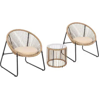 Acekool Ensemble de sièges d'extérieur Acapulco 3 pièces avec table d'appoint à plateau en verre et chaises rembourrées, ensemble bistro de terrasse en résine tressée PE pour jardin et balcon, Marron