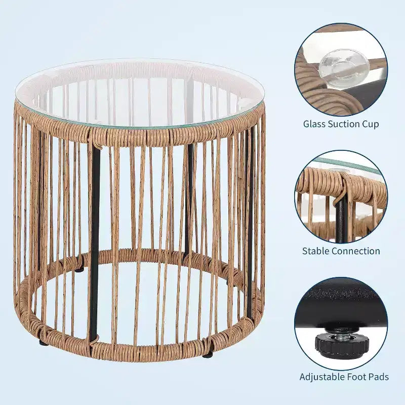 Acekool Ensemble de sièges d'extérieur Acapulco 3 pièces avec table d'appoint à plateau en verre et chaises rembourrées, ensemble bistro de terrasse en résine tressée PE pour jardin et balcon, Marron