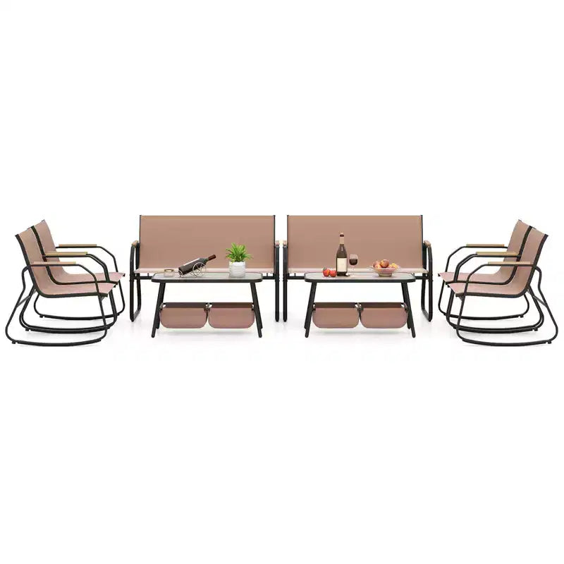 Costway Ensemble de Meubles de Jardin 8 pièces avec 4 Chaises Bistrot à Bascule Table Basse à 2 Niveaux Noir/Café