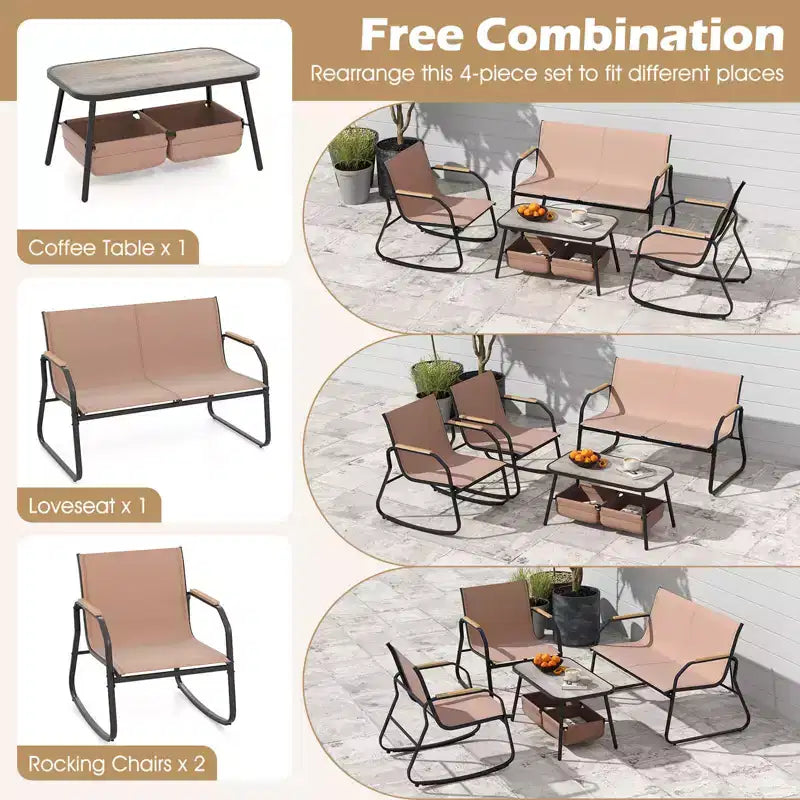 Costway Ensemble de Meubles de Jardin 8 pièces avec 4 Chaises Bistrot à Bascule Table Basse à 2 Niveaux Noir/Café