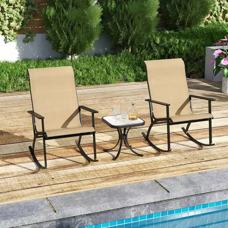 Costway Ensemble de 3 Meubles de Jardin avec 2 Fauteuils à Bascule Dossier Haut et Table Basse Plateau Bois-Plastique