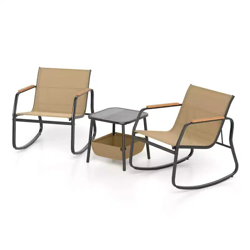 Ensemble bistro basculant 3 pièces Costway avec accoudoirs et plateau de table en PS, cadre en métal, marron/noir, sac de rangement inclus